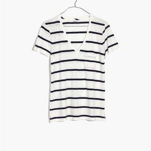 Madewell White and Navy Striped V-Neck Short Sleeve Tee